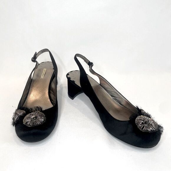 Max Studio Women's Black Satin Feather Metallic Slingback Heels Size 7.5 - Picture 1 of 9